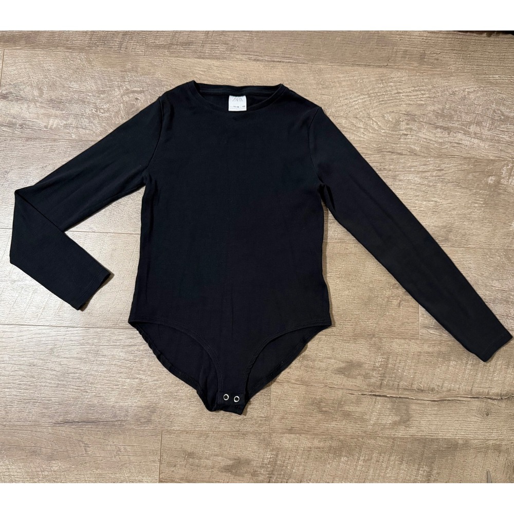 Zara Kids Girls Black Ribbed Long Sleeve Bodysuit Size 11-12 152cm